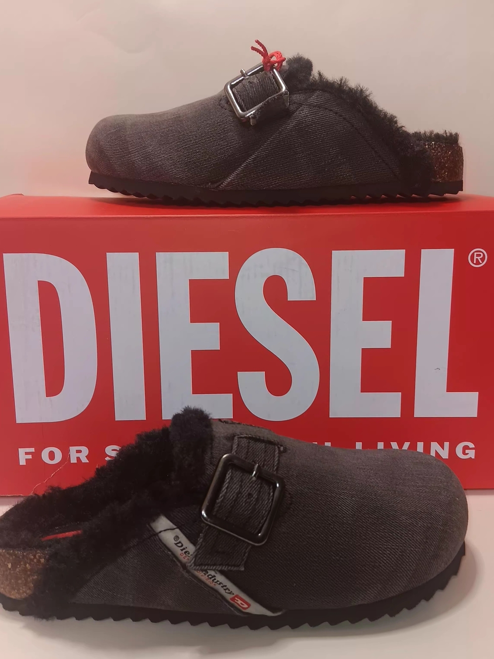 Diesel Gray Canvas Shearling-Lined Clog Mules with Black Fur Trim